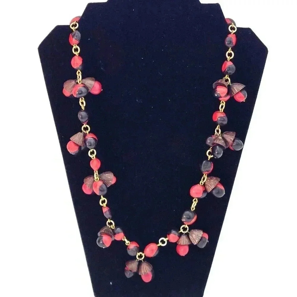 Vintage Estate Statement Necklace Red Black Brown Gold Tone Seed Nut Dangle 28"